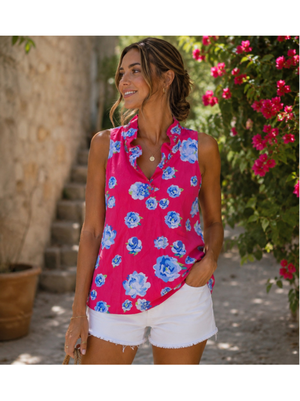 Women’s Mud Pie Sleeveless Top Size M Pink Blue Floral Summer